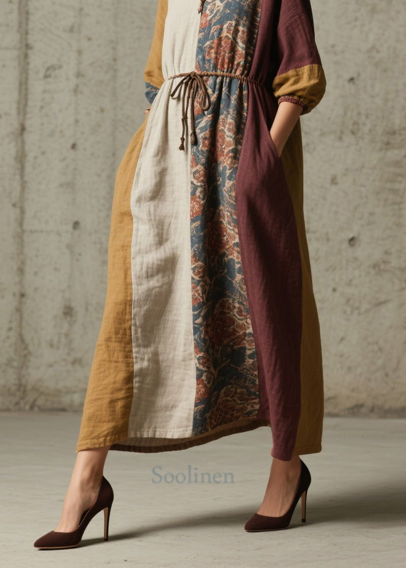 Colorblock V Neck Print Lace Up Cotton Dresses Fall