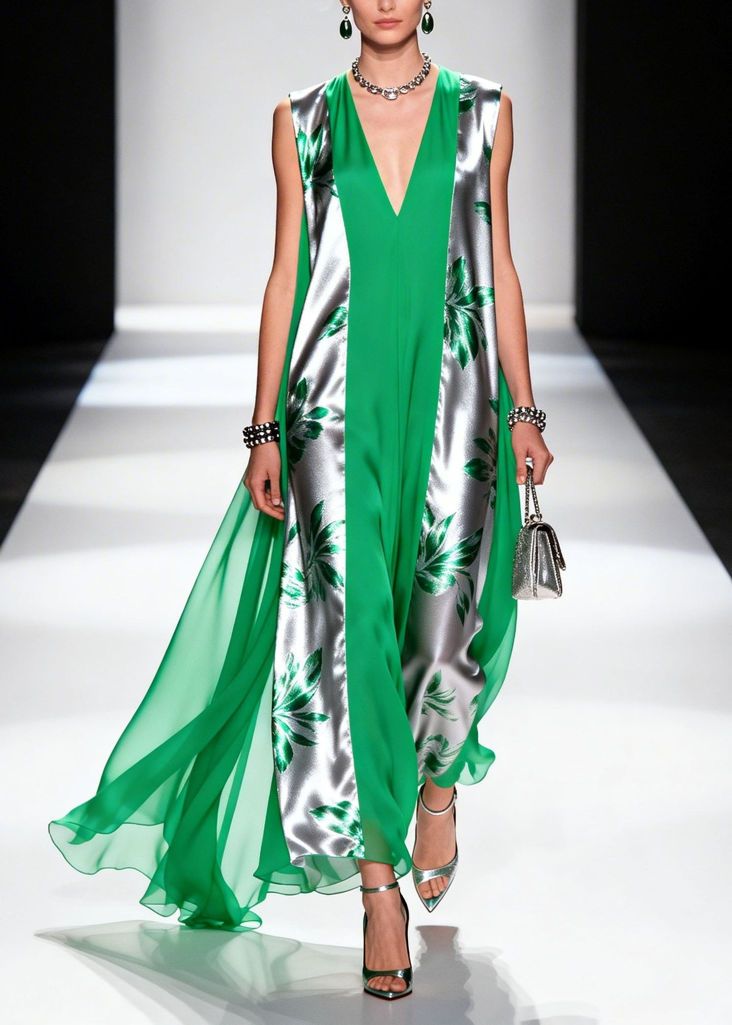 Colorblock V Neck Print Patchwork Silk Robe Dresses Summer