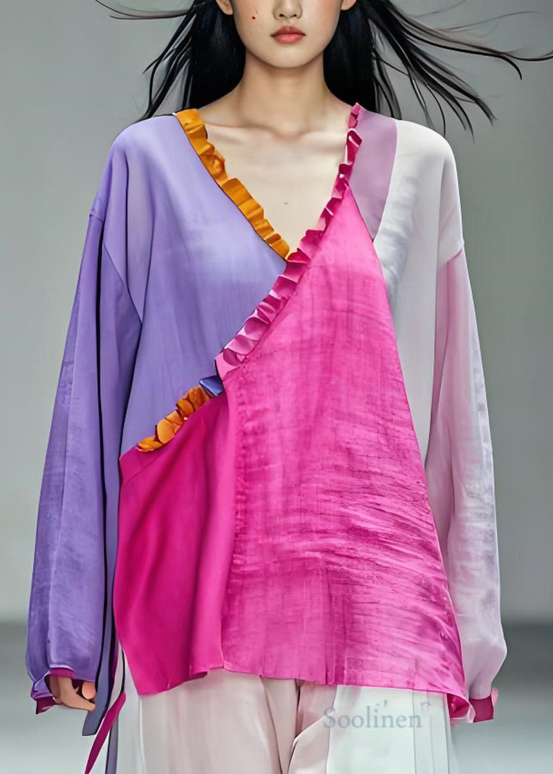 Colorblock V Neck Ruffled Patchwork Cotton Top Long Sleeve
