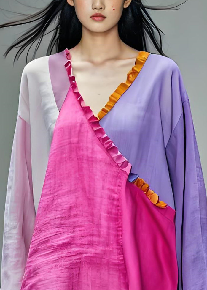 Colorblock V Neck Ruffled Patchwork Cotton Top Long Sleeve