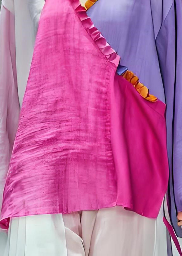 Colorblock V Neck Ruffled Patchwork Cotton Top Long Sleeve