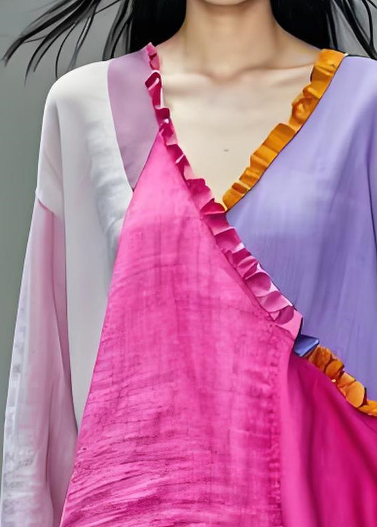 Colorblock V Neck Ruffled Patchwork Cotton Top Long Sleeve
