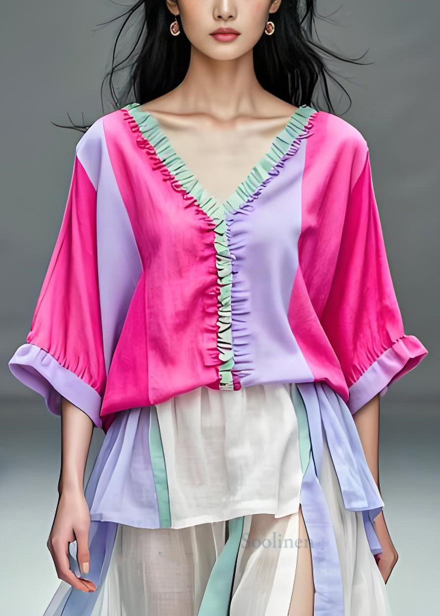 Colorblock V Neck Ruffled Patchwork Cotton Top Summer