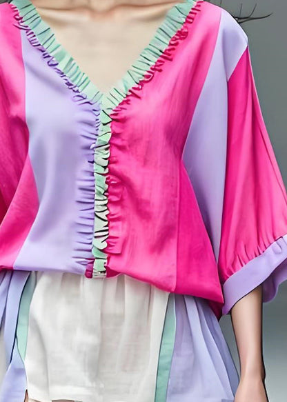 Colorblock V Neck Ruffled Patchwork Cotton Top Summer