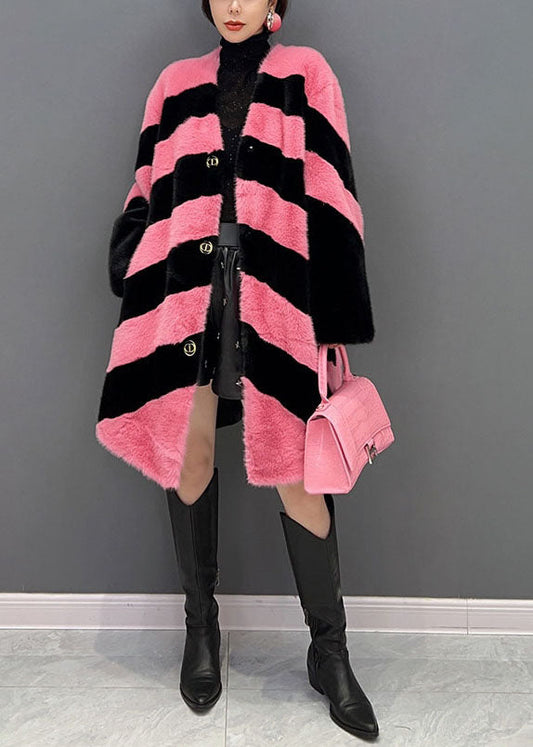 Colorblock V Neck Striped Thick Mink Velvet Coat Winter