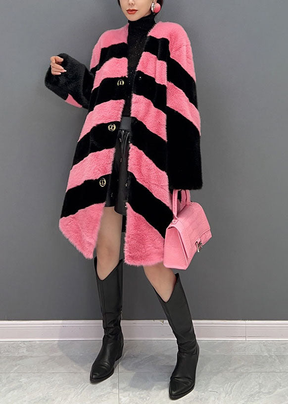 Colorblock V Neck Striped Thick Mink Velvet Coat Winter