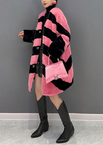 Colorblock V Neck Striped Thick Mink Velvet Coat Winter