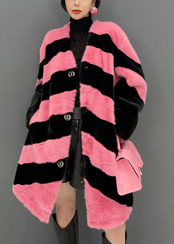 Colorblock V Neck Striped Thick Mink Velvet Coat Winter