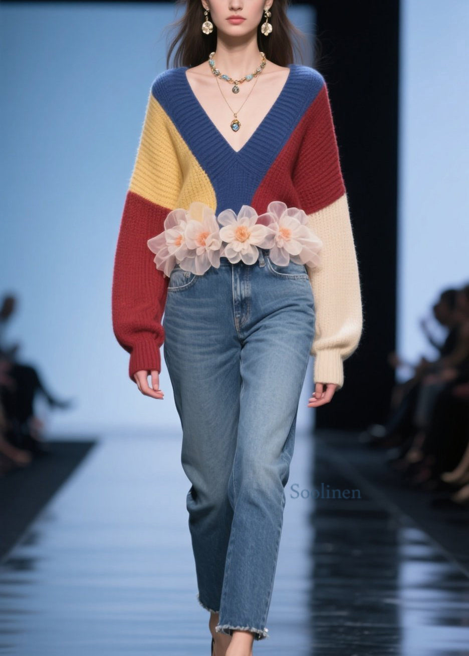 Colorblock V Neck Thick Knit Sweater Tops Fall
