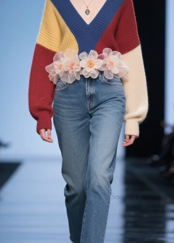 Colorblock V Neck Thick Knit Sweater Tops Fall