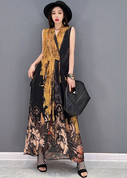 Colorblock V Neck Tie Waist Draping Chiffon Holiday Dress Sleeveless