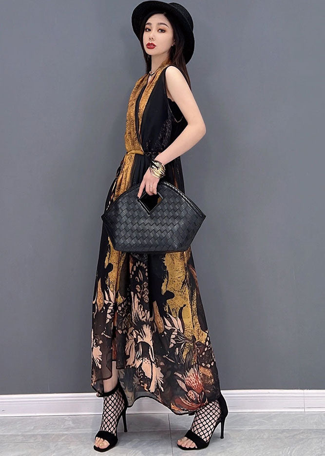 Colorblock V Neck Tie Waist Draping Chiffon Holiday Dress Sleeveless