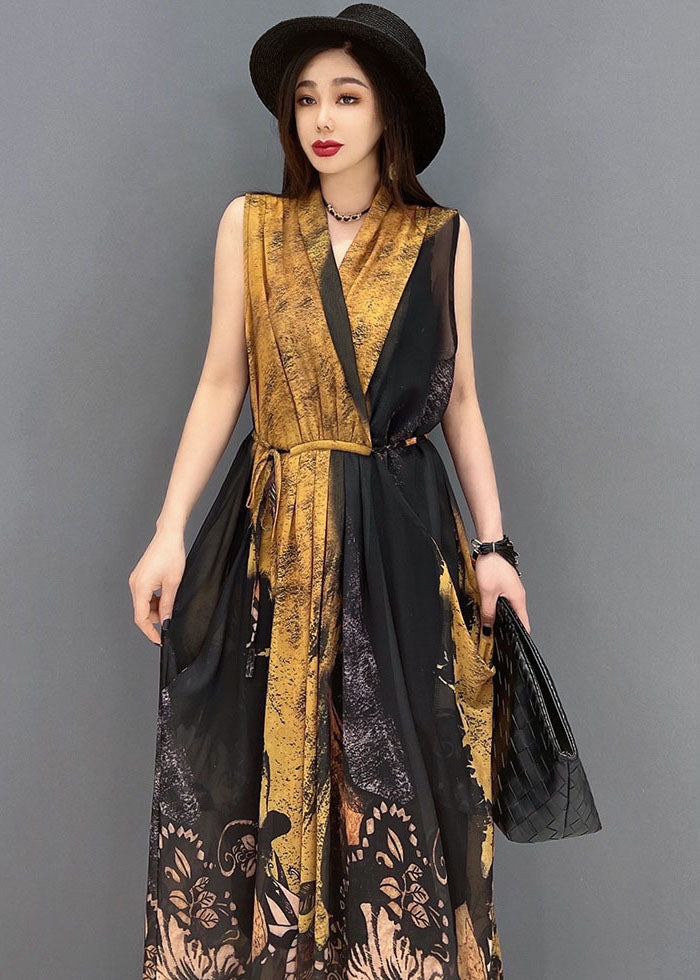 Colorblock V Neck Tie Waist Draping Chiffon Holiday Dress Sleeveless