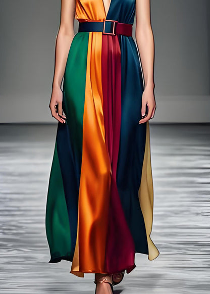 Colorblock V Neck Tie Waist Silk Long Dress Sleeveless
