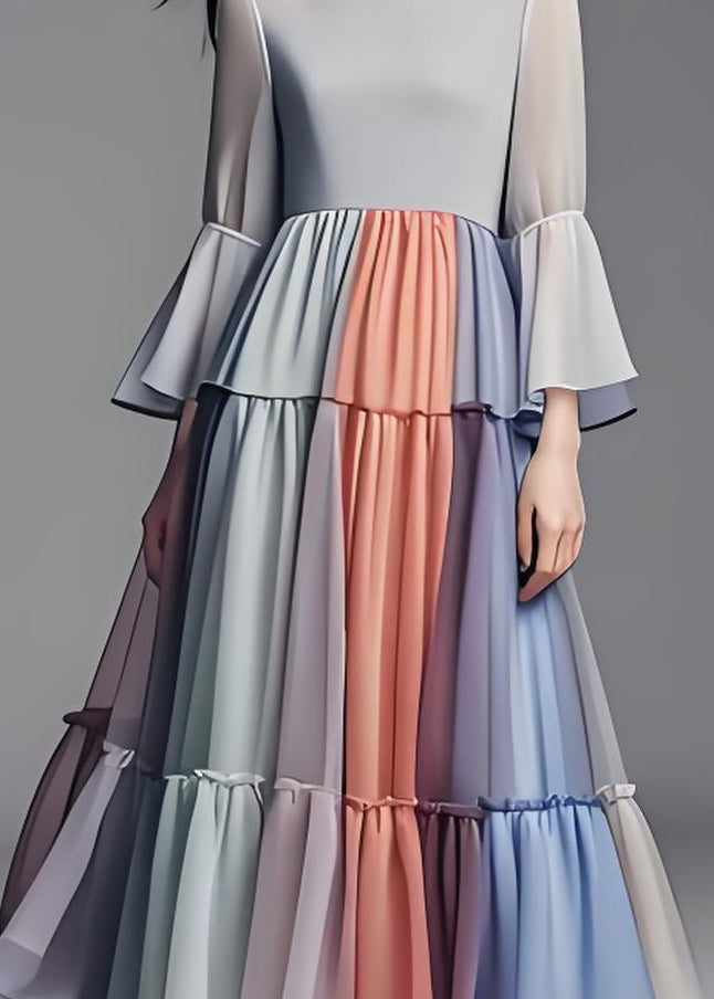 Colorblock Wrinkled Patchwork Chiffon Dress Flare Sleeve