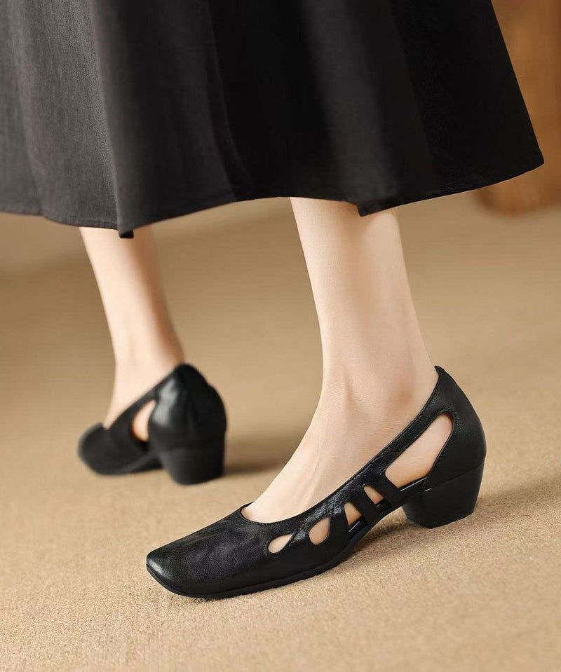 Comfy Black Hollow Out Chunky Heel Sheepskin