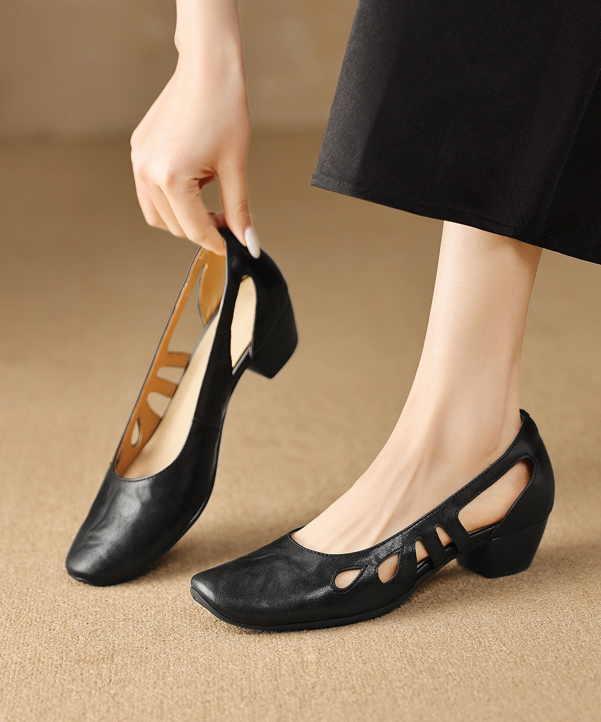 Comfy Black Hollow Out Chunky Heel Sheepskin