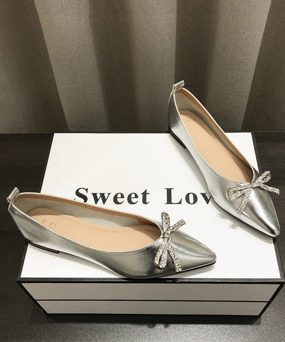 Comfy Bow Splicing Flat Shoes Gold Faux Leather Pointed Toe