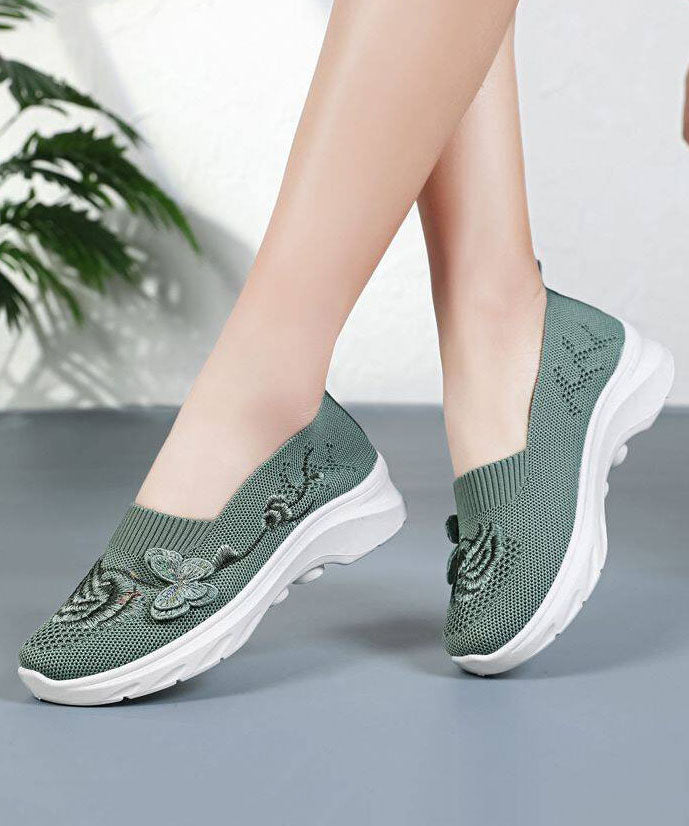 Comfy Embroidered Flat Shoes Green Breathable Mesh