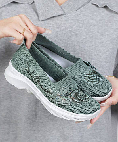 Comfy Embroidered Flat Shoes Green Breathable Mesh