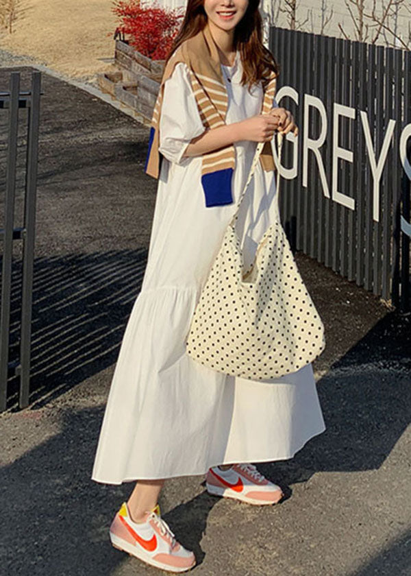 Cotton Color Puff Sleeve Pleated Simple Maxi Dresses With Pocket