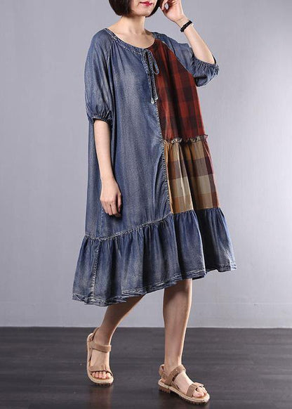 Cotton Tunics Indian Plaid Spliced Denim A-line Dress