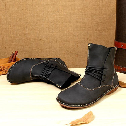 Cross Strap Khaki Cowhide Leather Ankle Boots