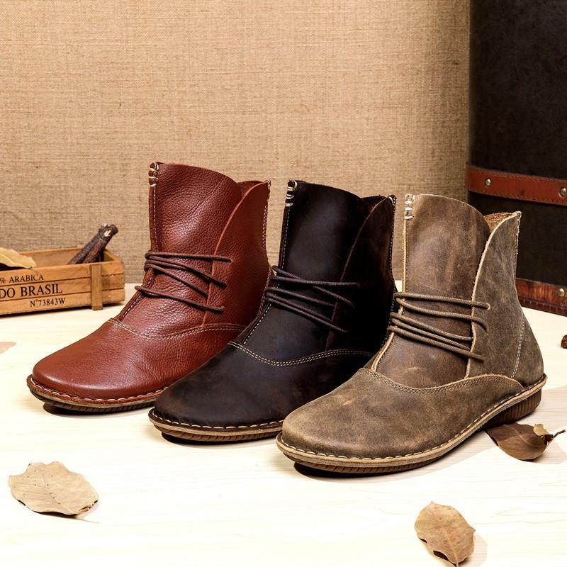 Cross Strap Khaki Cowhide Leather Ankle Boots