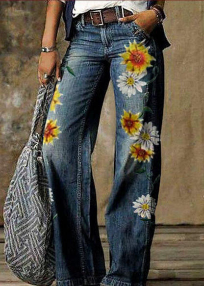 Daisy Print Pockets Patchwork Denim Straight Pants Spring