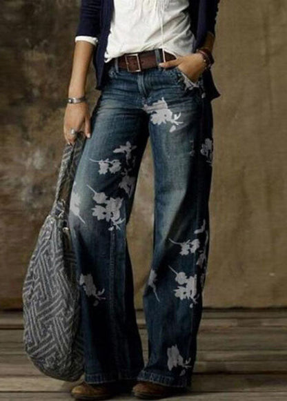 Daisy Print Pockets Patchwork Denim Straight Pants Spring