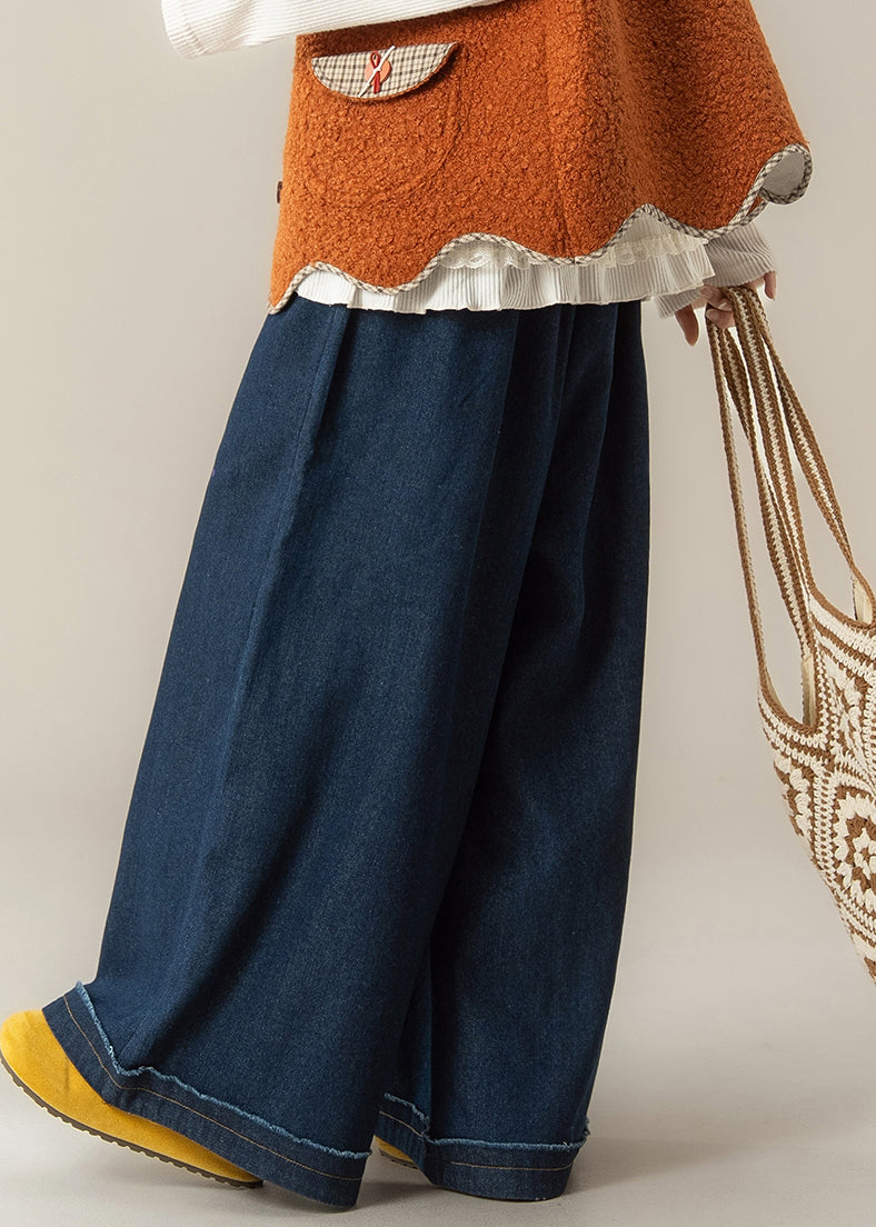 Dark Blue Pockets Print Patchwork Denim Pants Winter