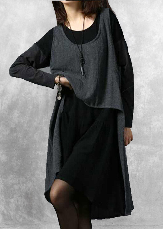 Dark Grey O-neck Asymmetrical Button Linen Waistcoat Sleeveless
