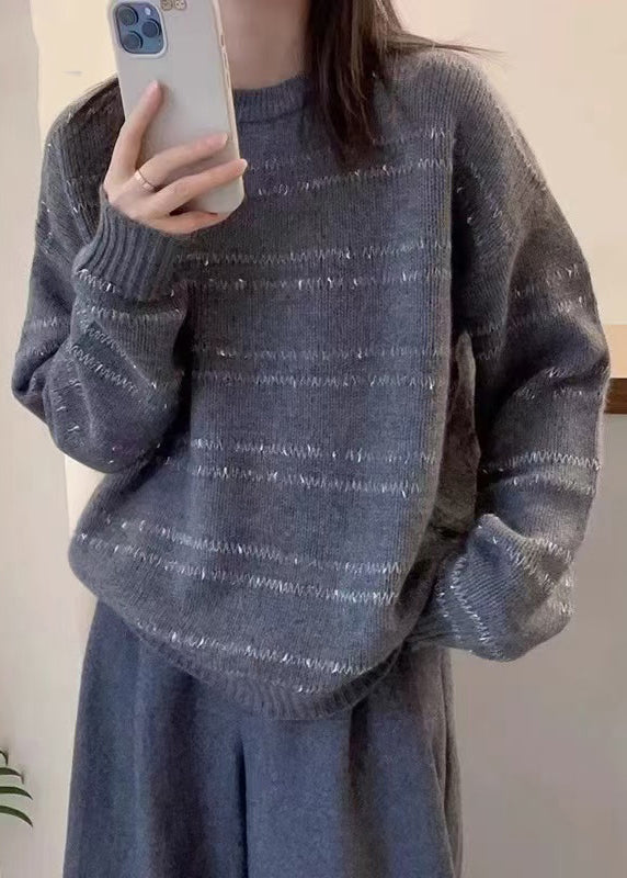 Dark Grey O-neck Striped Wool Knit Sweater Fall