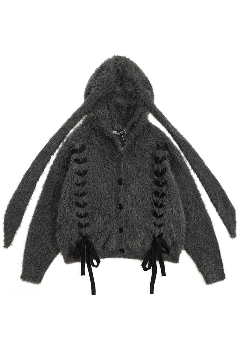 Dark Grey Oversized Bow Knit Rabbit Ears Hoodies Outwear Spring
