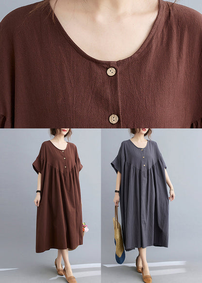 Dark Grey Patchwork Button Long Dresses Short Sleeve