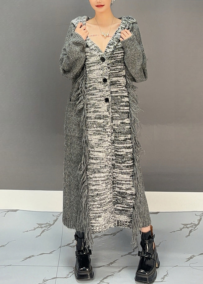 Dark Grey Patchwork Tassel Cotton Knit Hooded Cardigans Winter