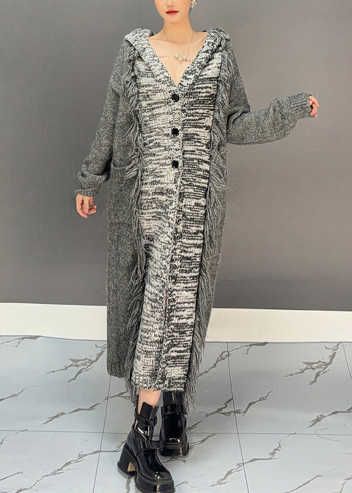 Dark Grey Patchwork Tassel Cotton Knit Hooded Cardigans Winter