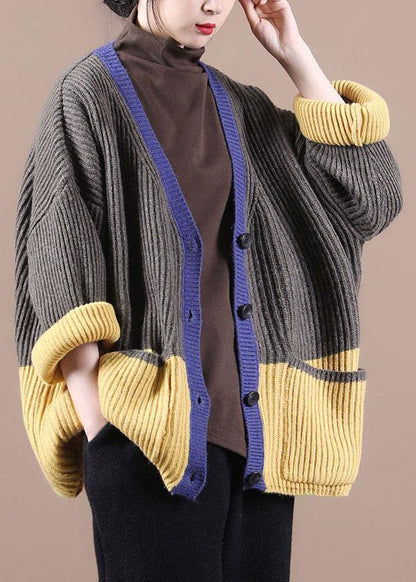 Dark Grey Pockets Colorblock Button Fall Sweater Jackets