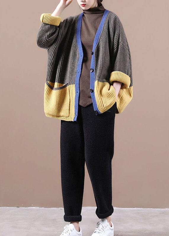 Dark Grey Pockets Colorblock Button Fall Sweater Jackets
