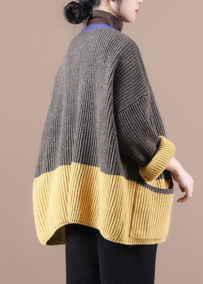 Dark Grey Pockets Colorblock Button Fall Sweater Jackets