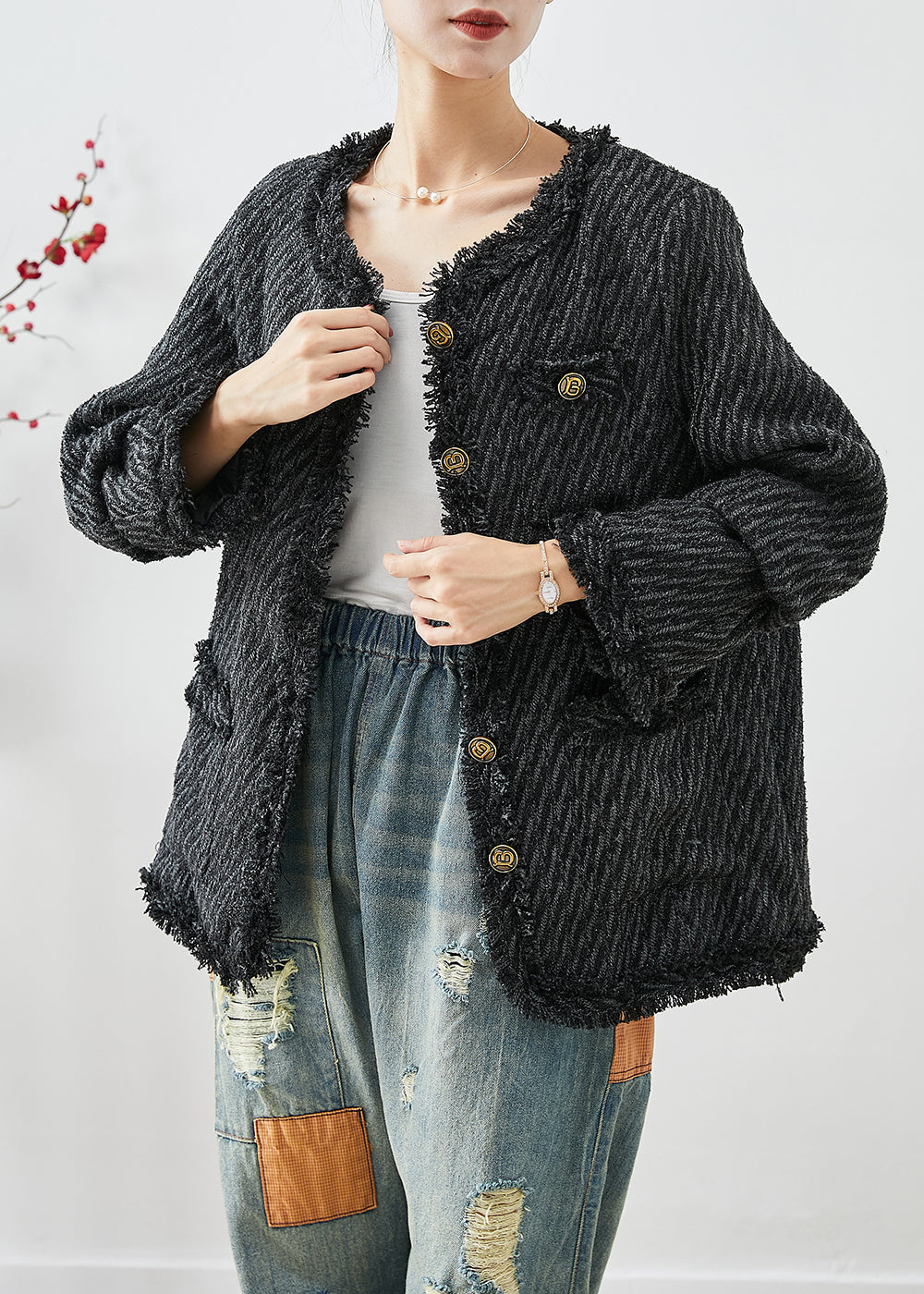 Dark Grey Tasseled Button Down Warm Fine Cotton Filled Jacket Winter