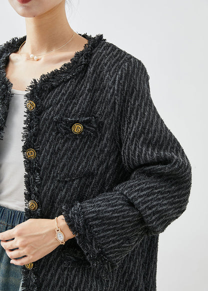 Dark Grey Tasseled Button Down Warm Fine Cotton Filled Jacket Winter
