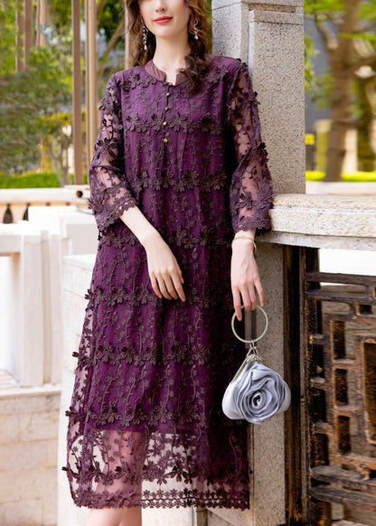 Dark Purple Embroideried Hollow Out Organza Long Dress Spring
