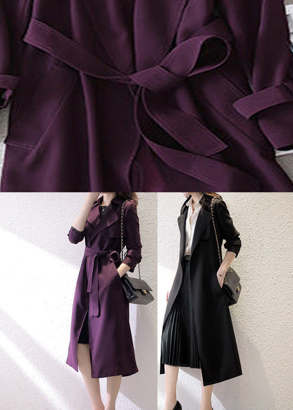 Dark Purple Notched Pockets Trench Coats Long Sleeve