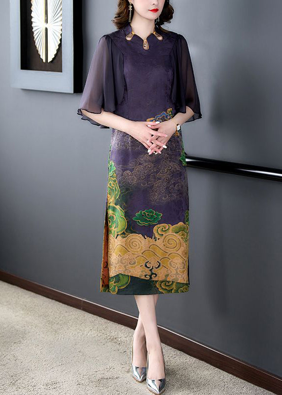 Dark Purple Print Side Open Slim Fit Silk Dress Cloak Sleeves
