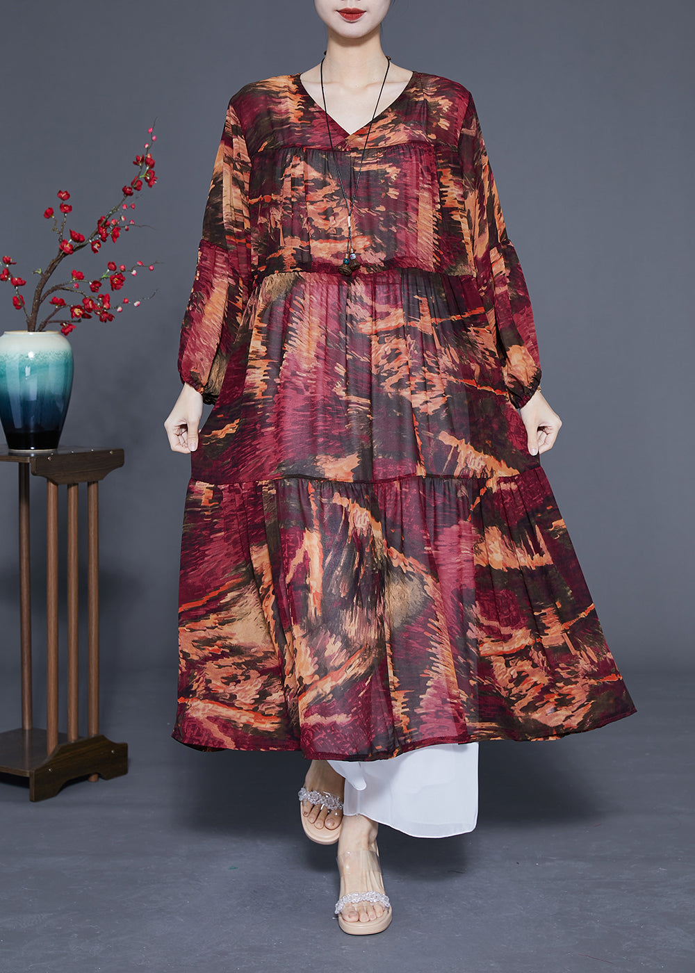 Dark Red V Neck Patchwork Exra Large Hem Chiffon Cinched Dresses Spring