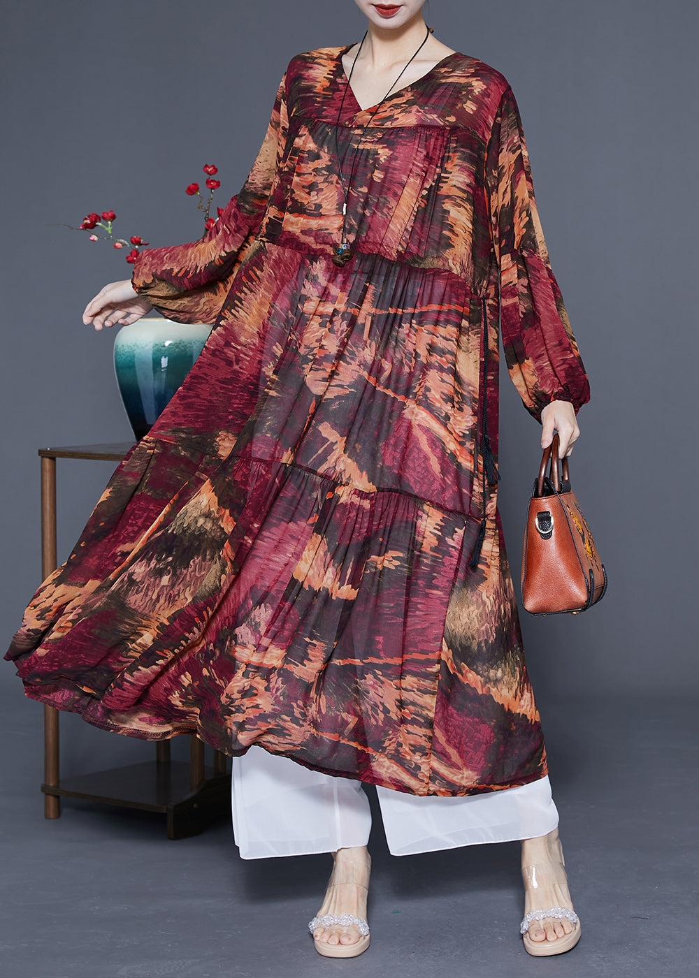 Dark Red V Neck Patchwork Exra Large Hem Chiffon Cinched Dresses Spring