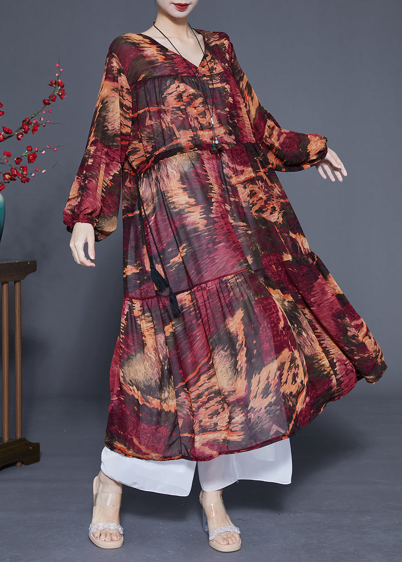 Dark Red V Neck Patchwork Exra Large Hem Chiffon Cinched Dresses Spring