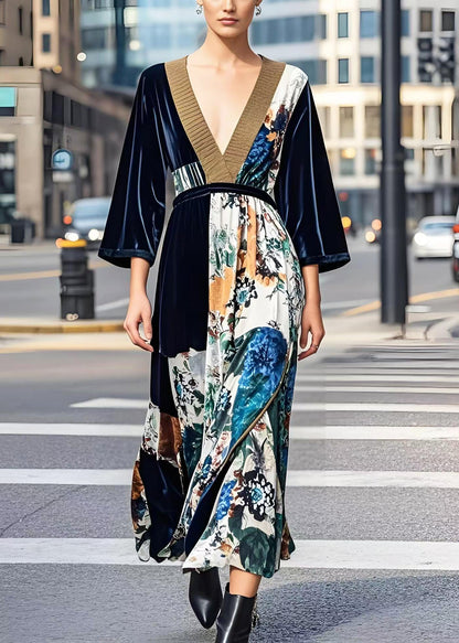 Dark V Neck Print Silk Velvet Cinched Dress Spring