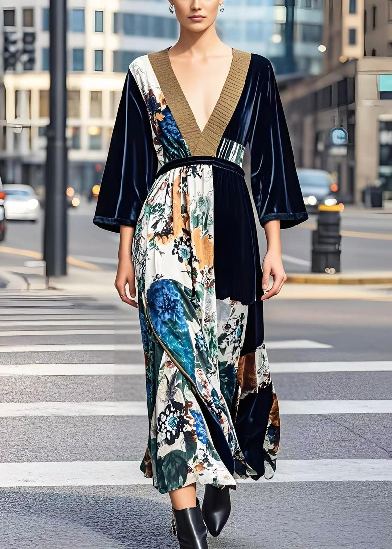 Dark V Neck Print Silk Velvet Cinched Dress Spring